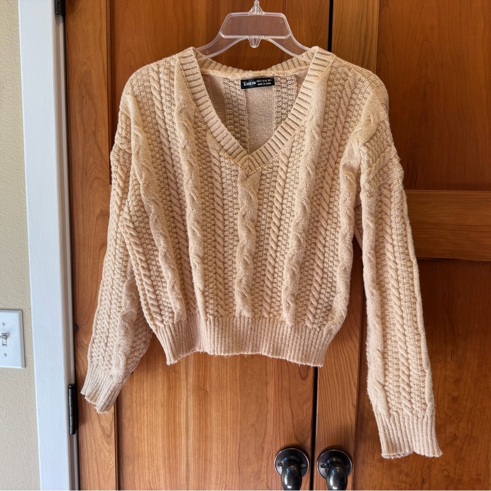 SHEIN Cable-Knit V-Neck Sweater - S, Apricot